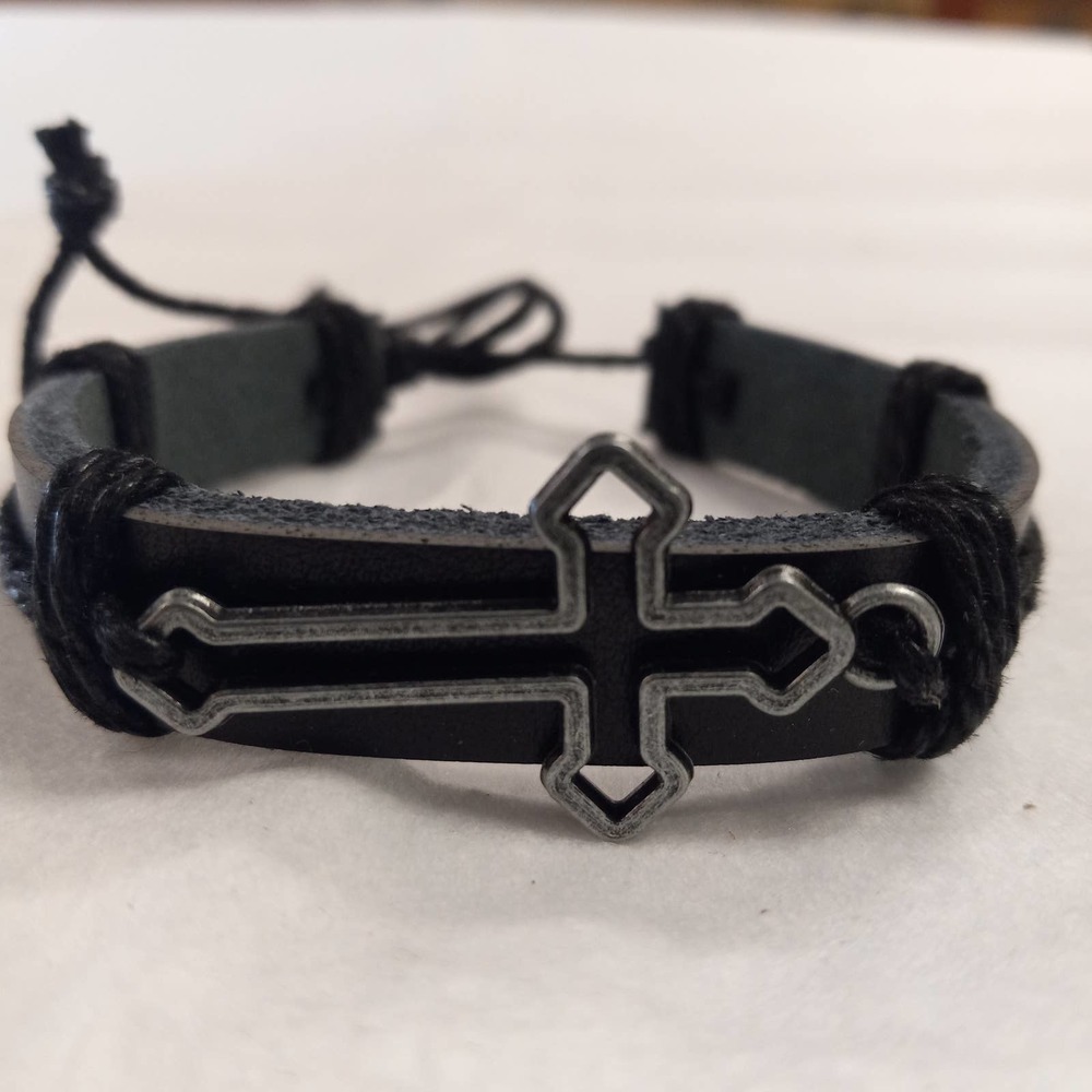 Men's leather bracelet with sliver cross one size draw string fit
